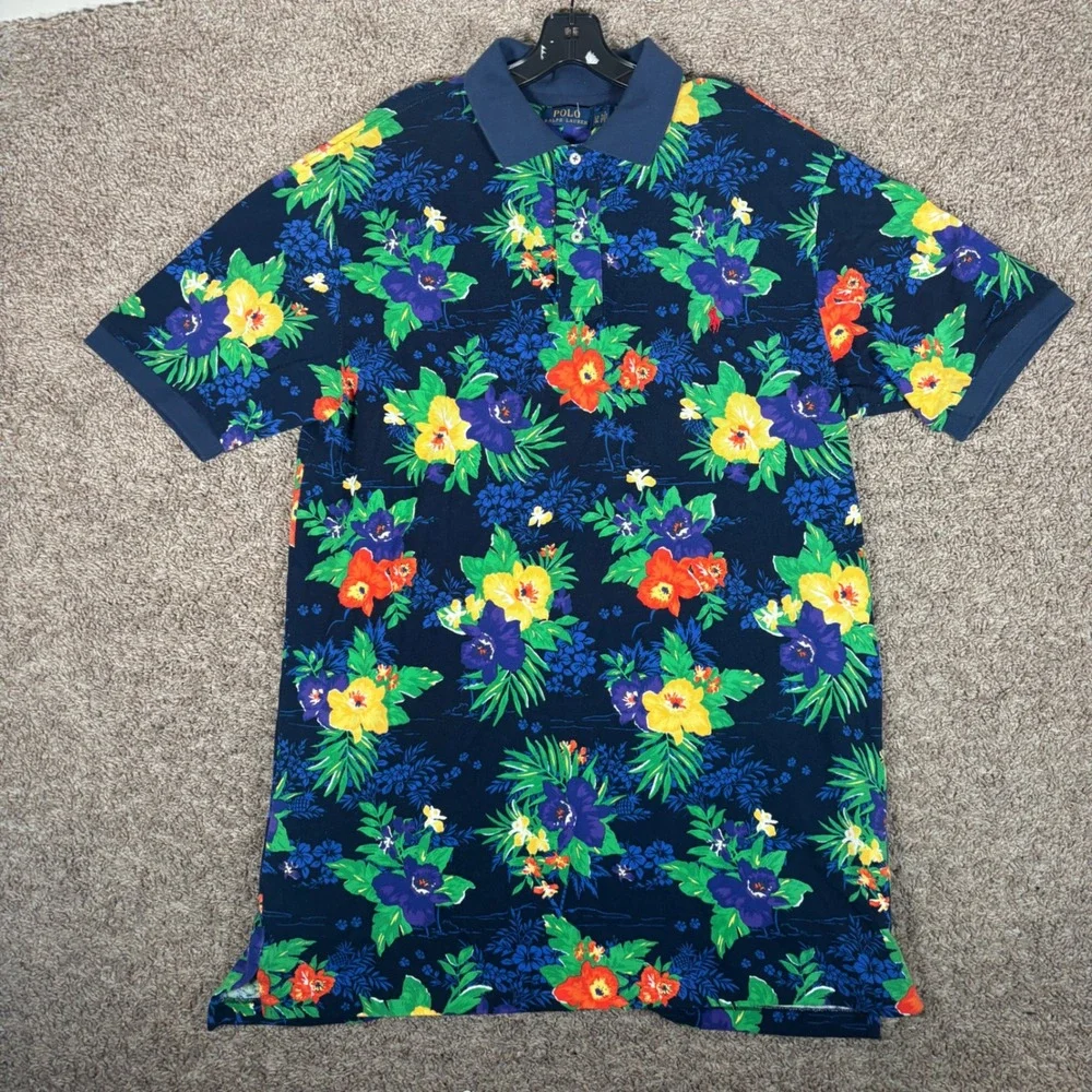 Polo Ralph Lauren Mens Navy Blue Tropical Floral Hibiscus Polo Shirt LT